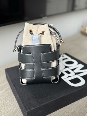 Black Leather Cage Bucket Bag with Canvas Insert